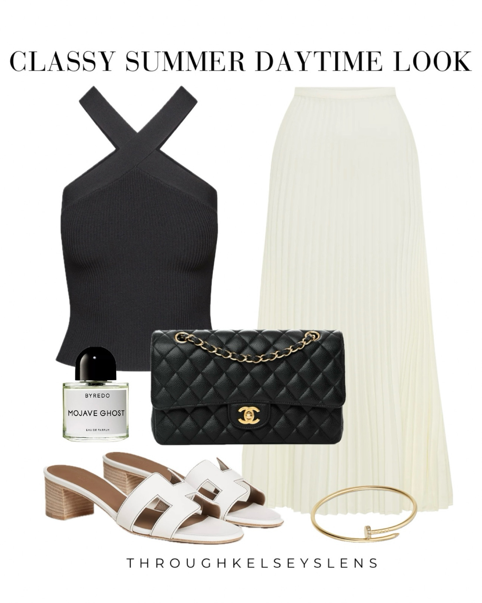 Summer daytime classy outfit
- Black halter neck tank
- White pleated maxi skirt
- White Hermes oasis sandals
#chanel #aritzia #hermes #meshki

#LTKstyletip #LTKshoecrush #LTKitbag