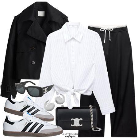 Black short trench jacket, boxer waistband trousers, pinstripe tie up shirt, Adidas Samba trainers, Celine sunglasses & Celine triomphe bag.
Everyday casual outfit,  spring outfit, work wear, transitional outfit. #ootd #casualoutfit #springlook #transitionalstyle 

#LTKstyletip #LTKworkwear #LTKSeasonal