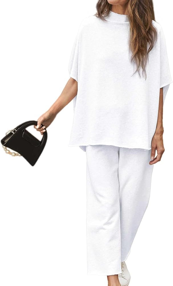 Women's Two Piece Outfits 3/4 Batwing Sleeve Capelet Crew Neck Pullover Top Wide Leg Pants Lounge... | Amazon (US)