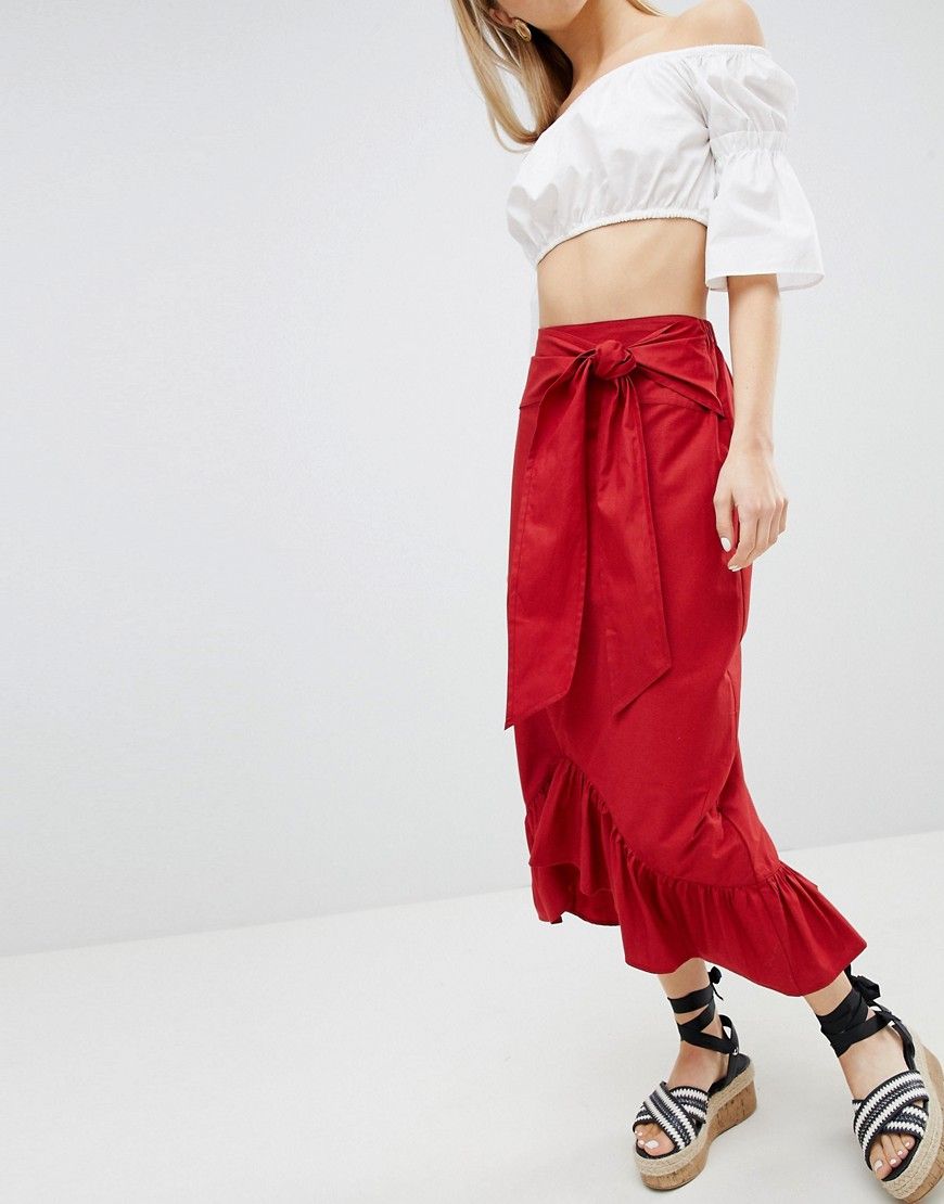 ASOS DESIGN cotton midi skirt with tie belt and ruffle hem - Orange | ASOS US