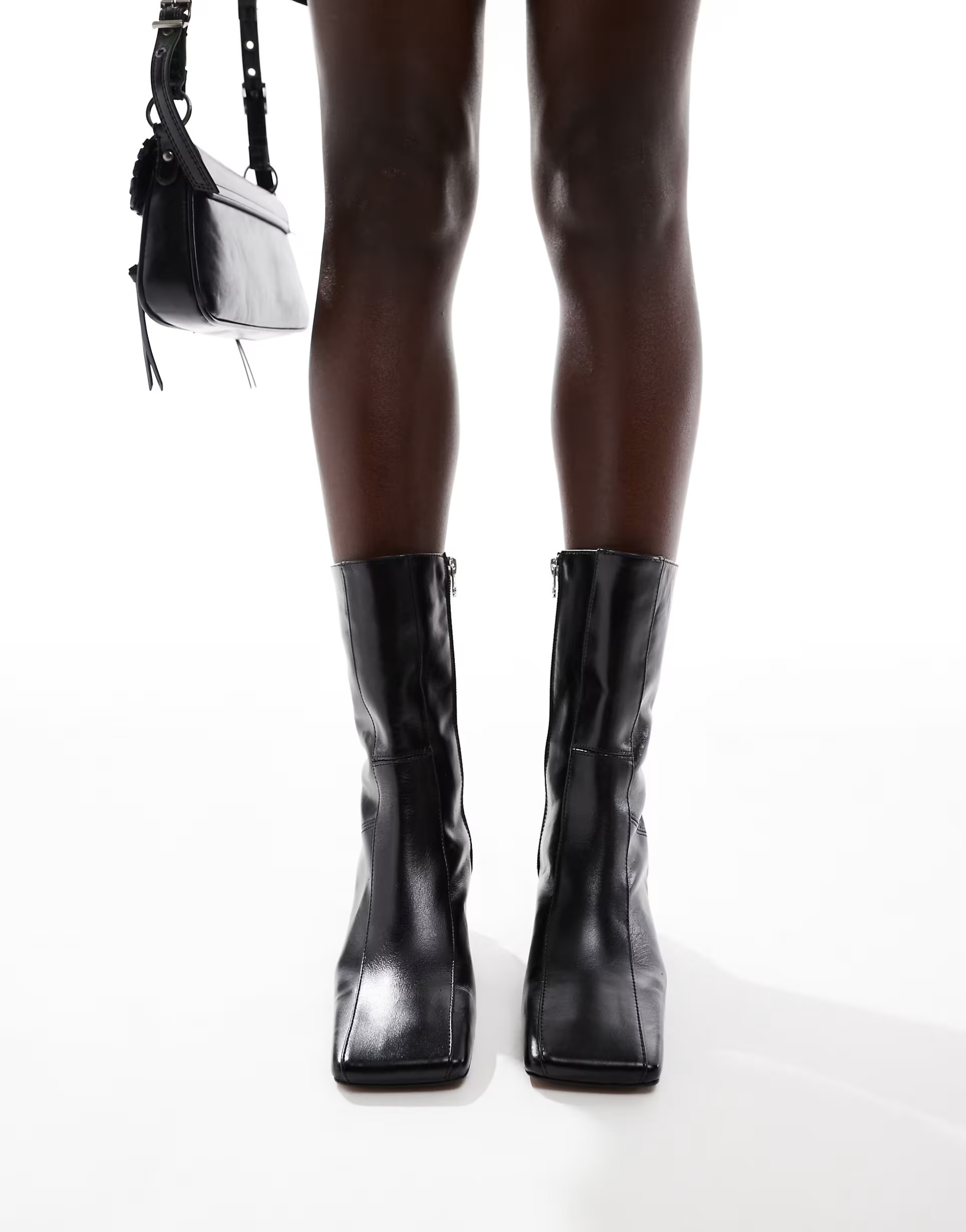 ASOS DESIGN Raine premium square toe mid-heel boots in black leather | ASOS (Global)