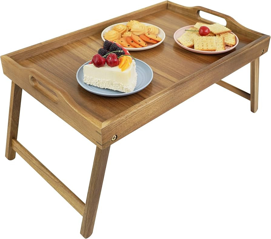 Utoplike Acacia Bed Tray Table for Eating, Large Breakfast Tray with Folding Legs, Wood Serving T... | Amazon (US)