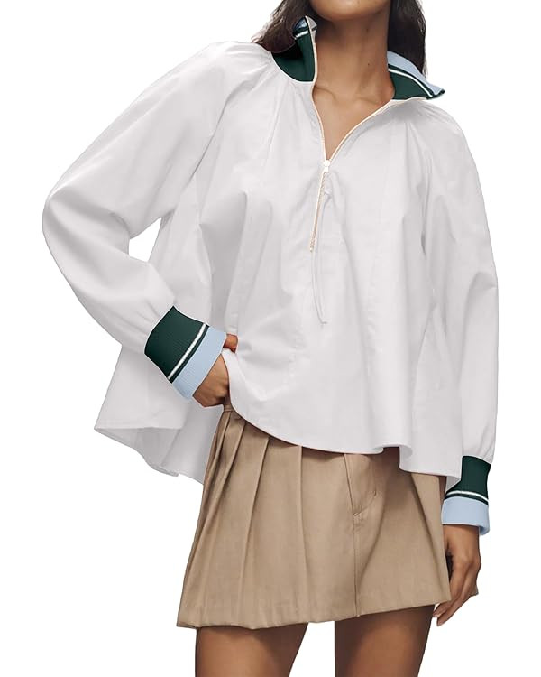 Women Half Zip Puff Sleeve Sporty Henley Blouse Dressy Casual Loose Fit Swing Tops Tunic Shirts | Amazon (US)