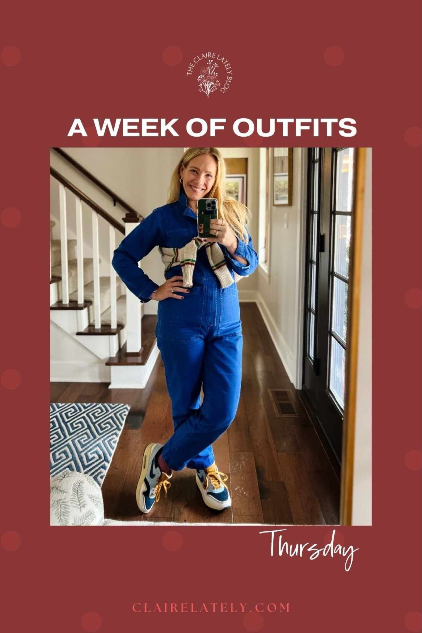 A week of everyday elevated casual outfit ideas - Nike air max sneakers, Alex mill jumpsuit, stripe sweater worn as an accessory, layered necklaces, Amazon find earring set 
❤️ Claire Lately 

#LTKstyletip #LTKshoecrush #LTKworkwear