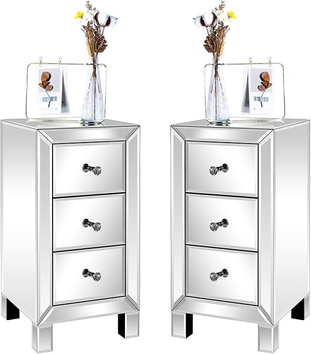 Bonnlo 3-Drawer Mirrored Nightstand Set of 2, End Table, Bedside Table, Glass Nightstand for Bedr... | Amazon (US)