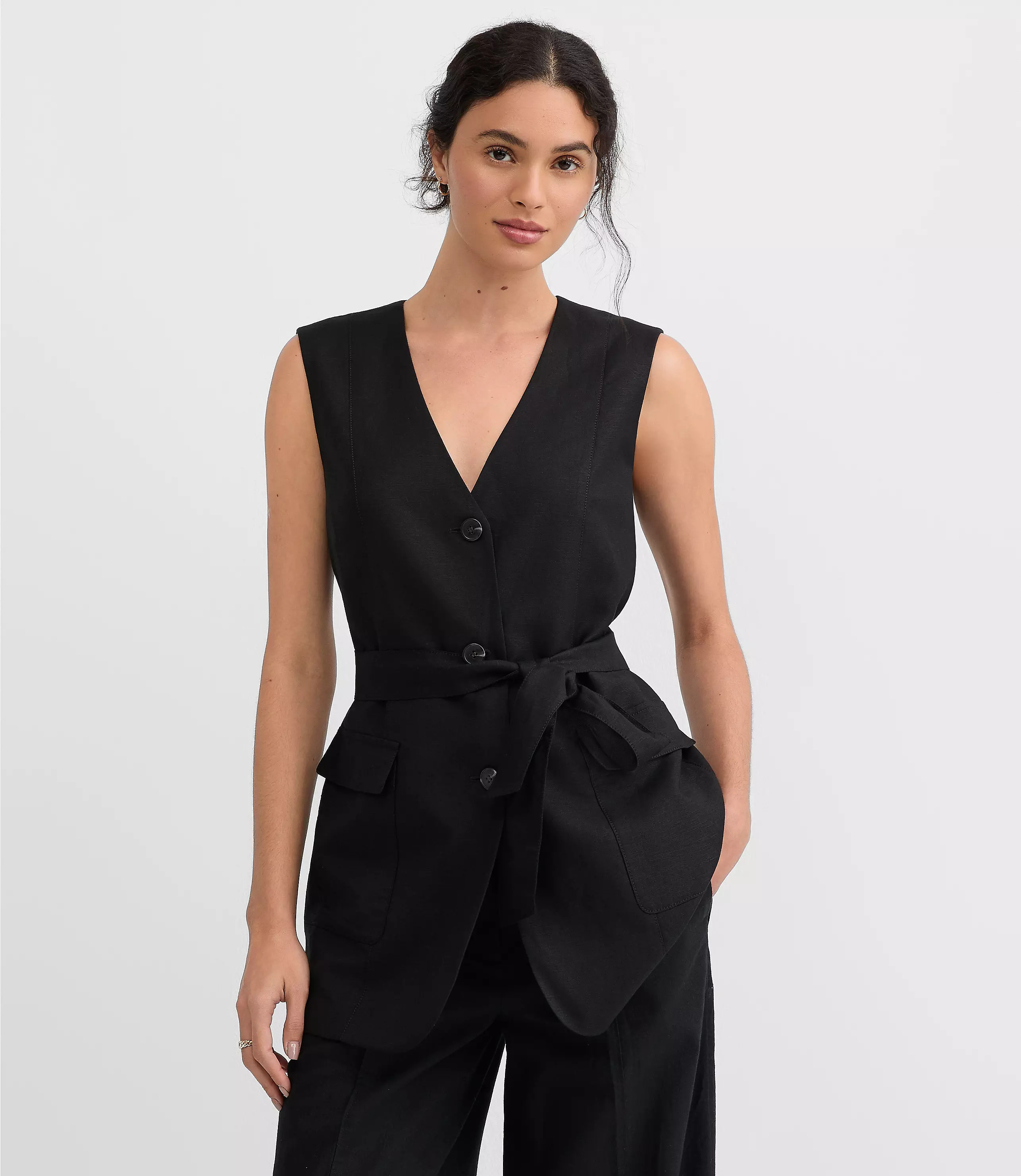 Linen Blend Belted Pocket Vest | LOFT