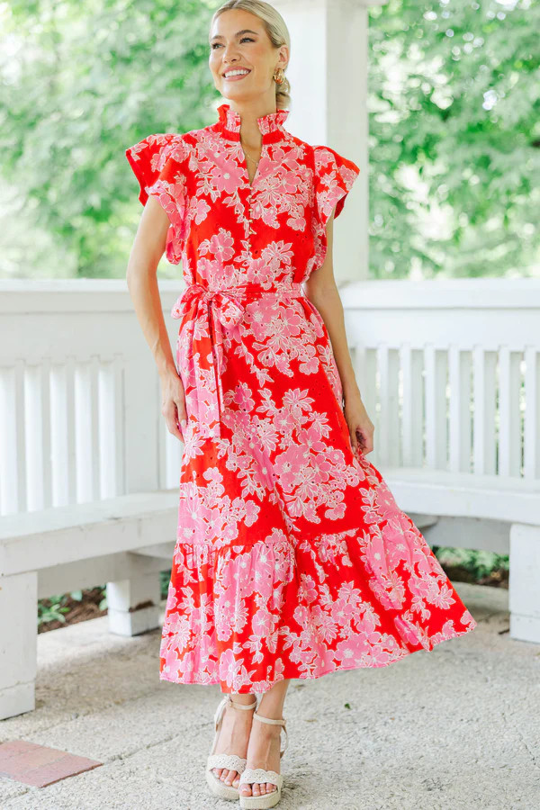 Effortless Icon Red Floral Midi Dress | The Mint Julep Boutique