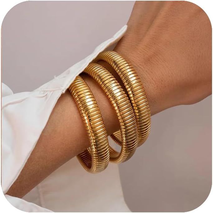 Gold Bangles for Women Chunky Stretch Bangles Bracelets Set 18K Gold Plated Stainless Steel Link ... | Amazon (US)