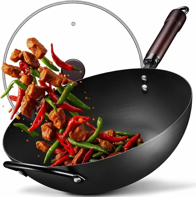 Wok, 13 Inch carbon steel woks & stir-fry pans nonstick, Pre-Seasoned 5.8QT Flat Bottom Chinese W... | Amazon (US)