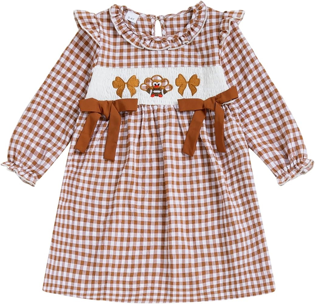 Kids Toddler Baby Girl Thanksgiving Outfit Turkey Embroidery Doll Collar Long Sleeve Smocked Dres... | Amazon (US)