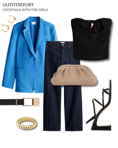 Blazer in blue black tube top denim jeans sandals gold ring and handbag 

#LTKitbag #LTKstyletip #LTKshoecrush