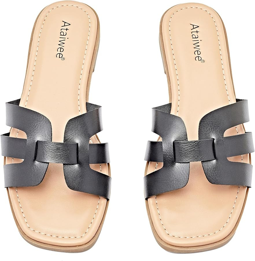 Ataiwee Women's Wide Width Flat Slide Sandals - Casual Cute Dressy Strappy Slip on Flat Summer Sh... | Amazon (US)