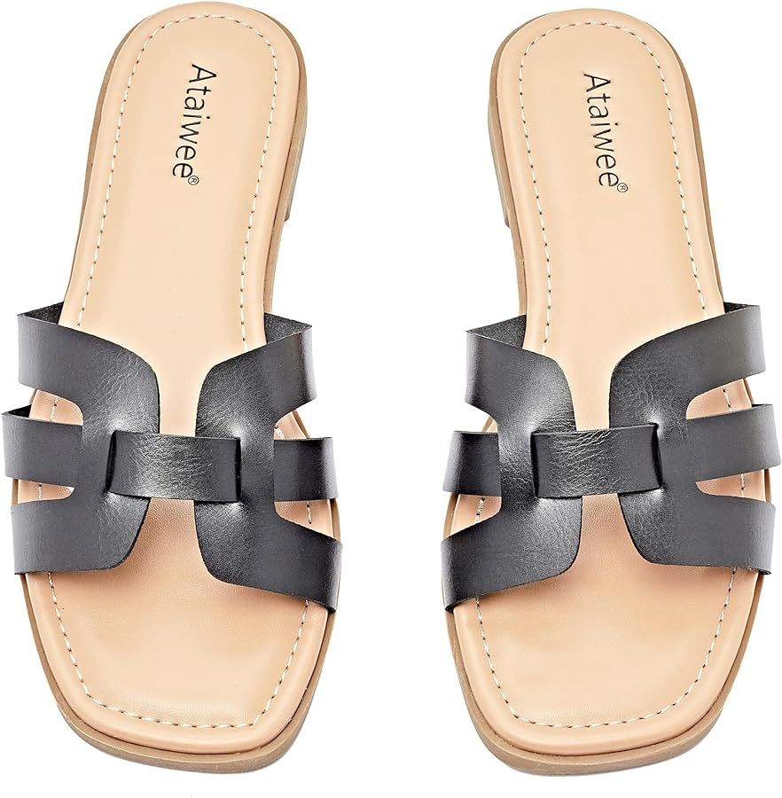 Ataiwee Women's Wide Width Flat Slide Sandals - Casual Cute Dressy Strappy Slip on Flat Summer Sh... | Amazon (US)