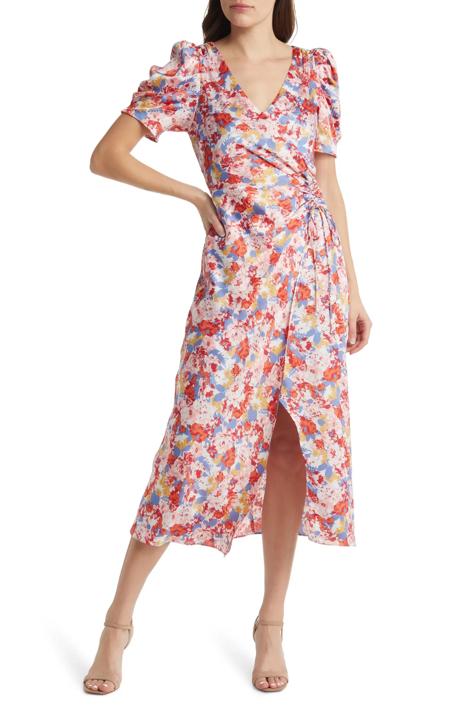 Floral Satin Faux Wrap Midi Dress | Nordstrom
