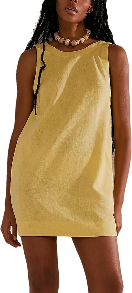 Womens Summer Crew Neck Sleeveless Open Back Dress Casual Beach Sunshine Cotton Linen Mini Dress | Amazon (US)