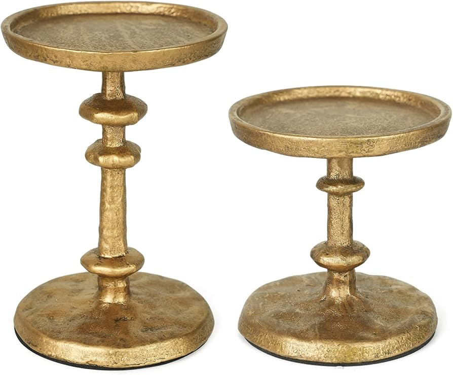 Gold Cast Iron Pillar Candle Holders Set of 2 Farmhouse Candlesticks | Amazon (US)