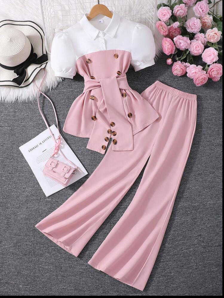 2pcs Girls' Lantern Sleeve Polo Collar Top & Wide Leg Pants Set, Casual/Party/Performance Outfit, Spring/Summer | SHEIN