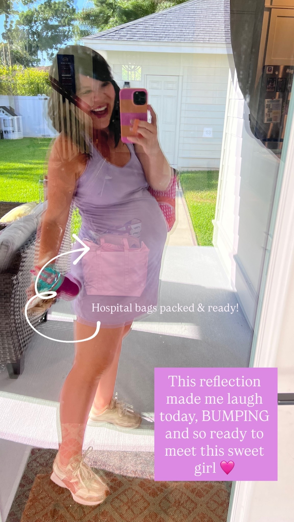 This reflection made me laugh today, BUMPING and so ready to meet this sweet girl 🩷 Hospital bags packed & ready!