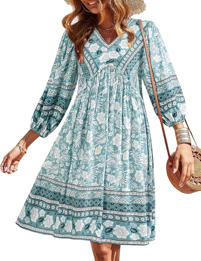 BTFBM Women Casual Spring Summer Dresses V Neck 3/4 Long Sleeve Ruffle Floral Flowy Boho Babydoll... | Amazon (CA)
