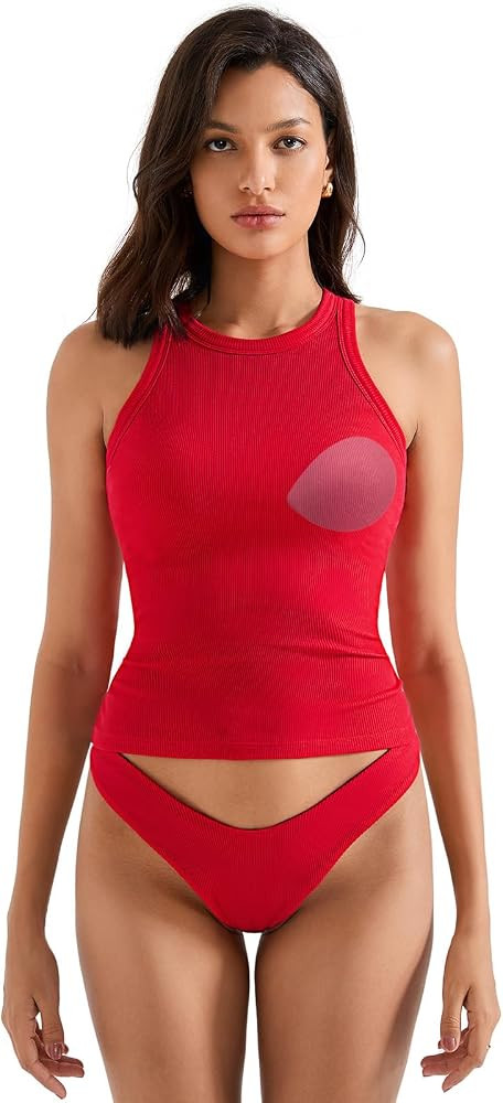 SUUKSESS Women Padded Cotton Ribbed Tank Tops High Neck Racerback Basic Tops | Amazon (US)