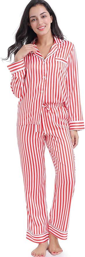 Serenedelicacy Women's Silky Satin Pajamas Striped Long Sleeve PJ Set Sleepwear Loungewear | Amazon (US)