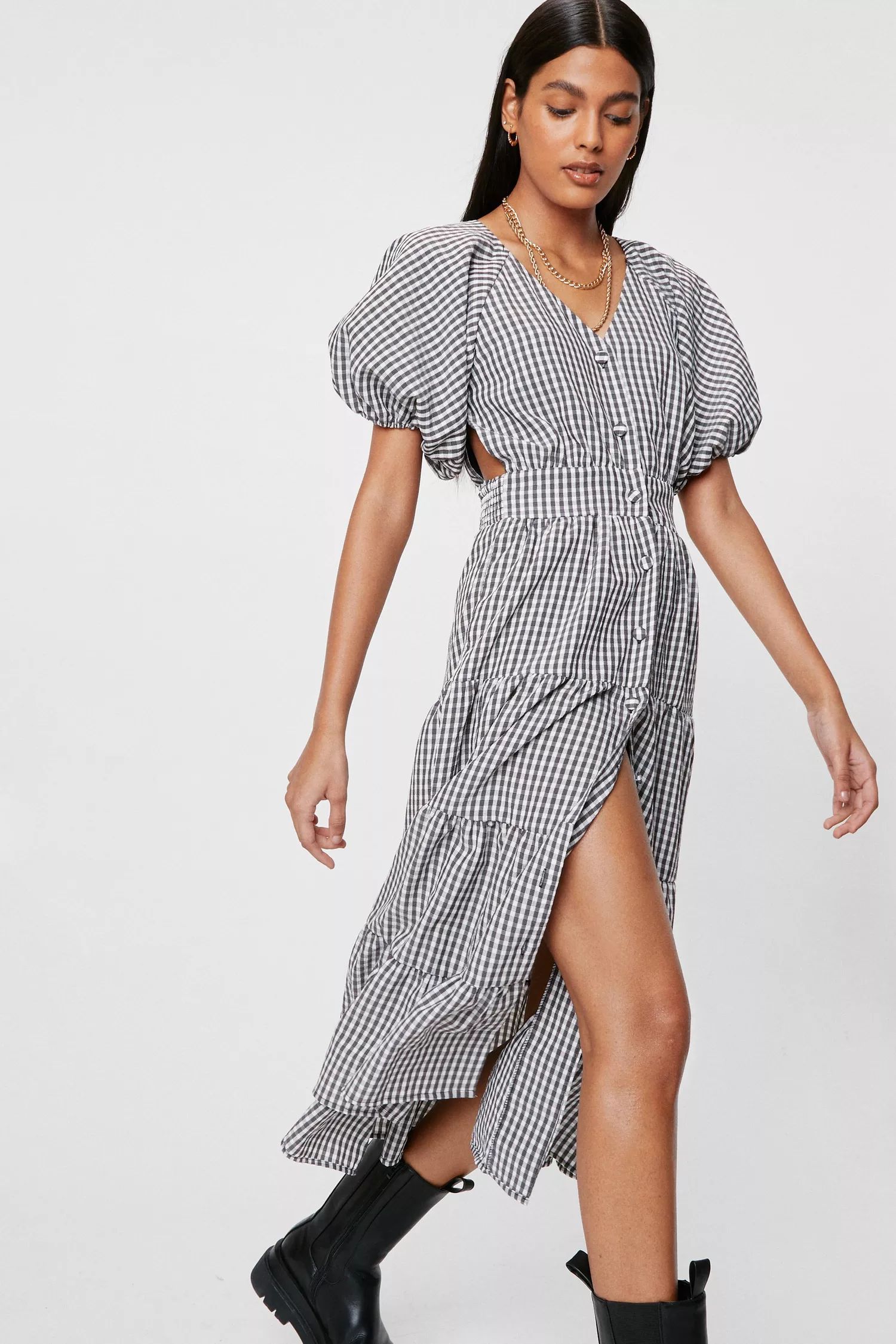 Gingham Puff Sleeve Tiered Midi Dress | Nasty Gal (US)