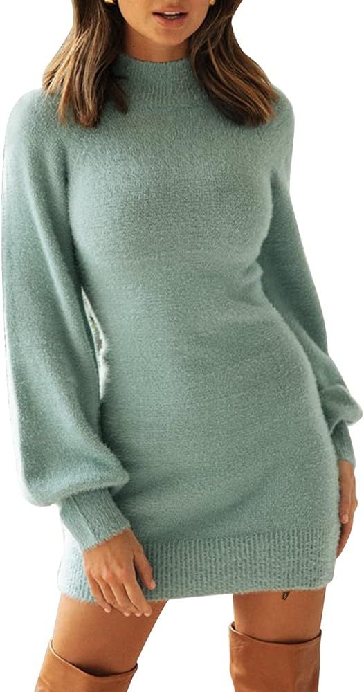 EXLURA Women's Mock Neck Ribbed Long Sleeve Bodycon Pullover Cute Mini Sweater Dress Green at Ama... | Amazon (US)