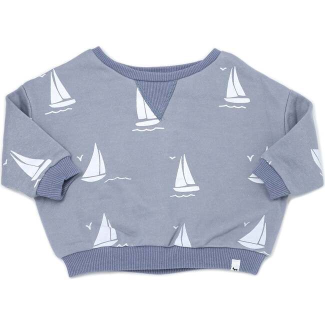 Cotton French Terry V Collar Boxy Sweatshirt, Sailboats Print | Maisonette