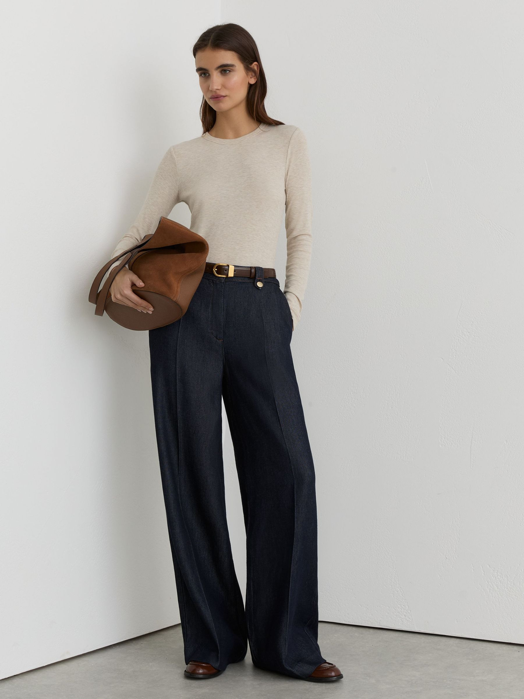 Petite Lyocell Topstitched Wide-Leg Trousers in Indigo | Reiss UK