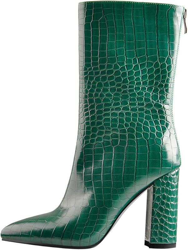 LISHAN Women's Snakeskin Chunky 4in Heel Crocodile Pull On Mid Calf Boots | Amazon (US)