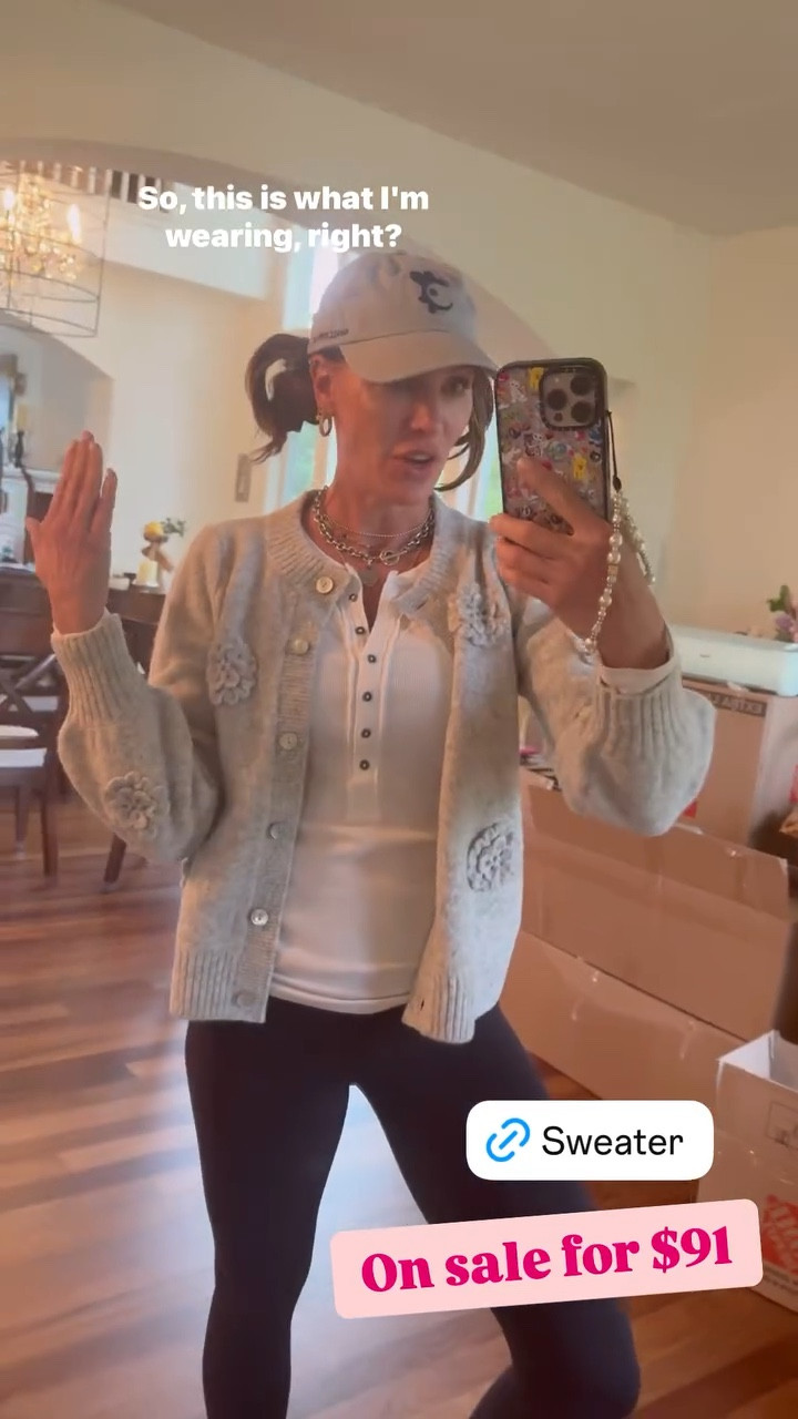 Cardigan on sale for $91! Love the flower detail. Paired with a Henley shirt and leggings. Hat is from my merch line! Available at Smalltownme.com

#LTKActive #LTKSaleAlert #LTKOver40