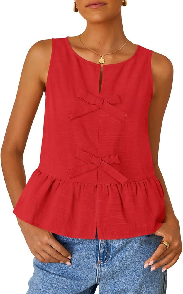 ZESICA Women's Summer Sleeveless Tank Tops Crewneck Tie Front Loose Flowy Ruffle Peplum Babydoll ... | Amazon (US)