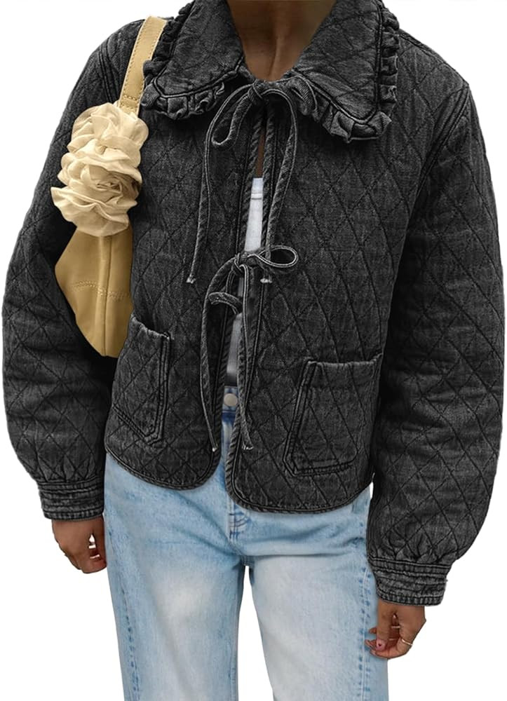 Tankaneo Womens Quilted Denim Puffer Jackets Tie Front Bow Cropped Puffy Jackets Fall Cute Short ... | Amazon (US)