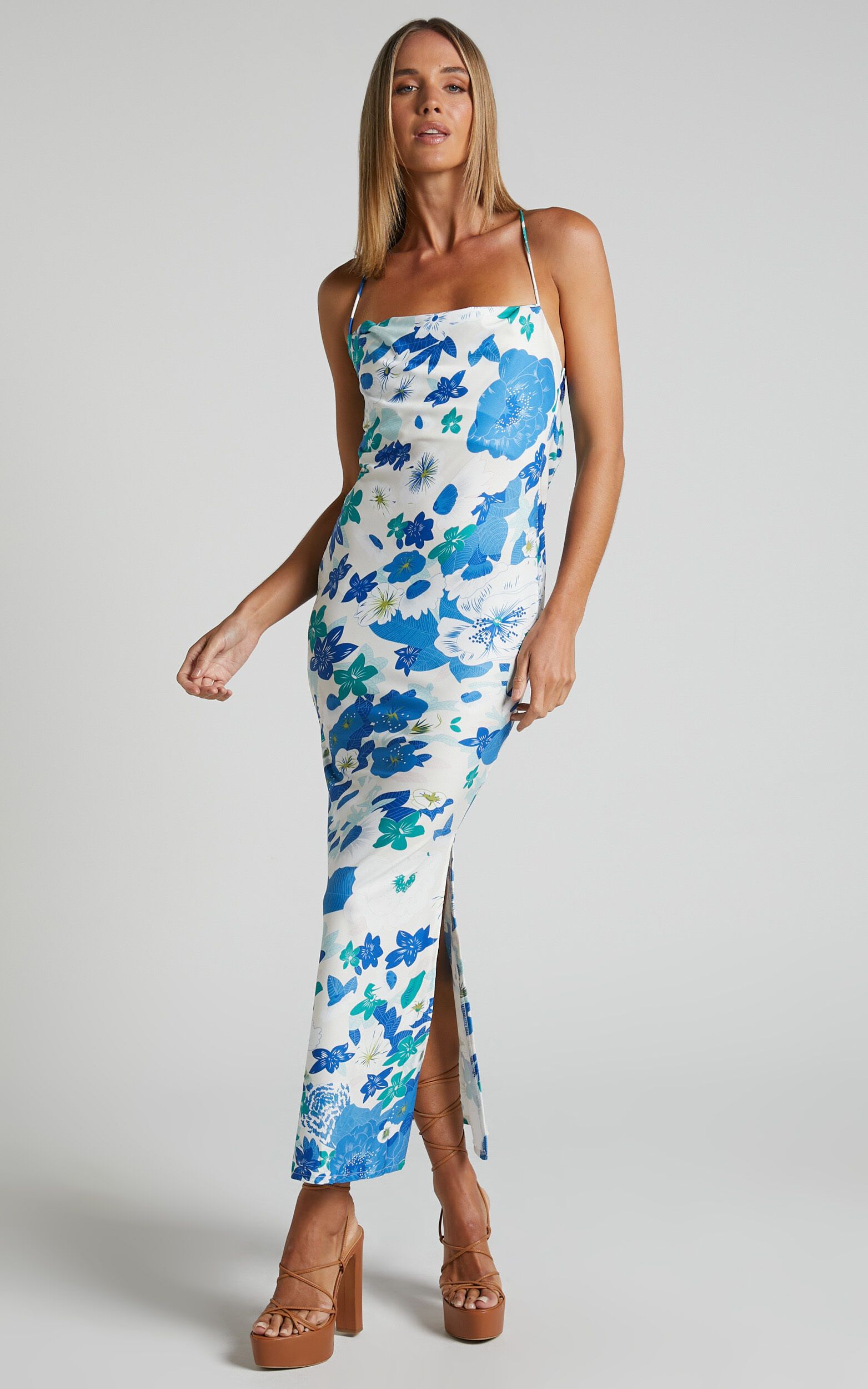 Circe Midi Dress - Strappy Cowl Back Slip Dress in Blue Floral | Showpo (US, UK & Europe)