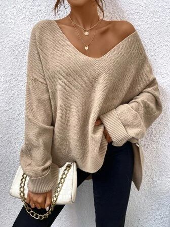 SHEIN Frenchy Drop Shoulder Split Hem Sweater | SHEIN