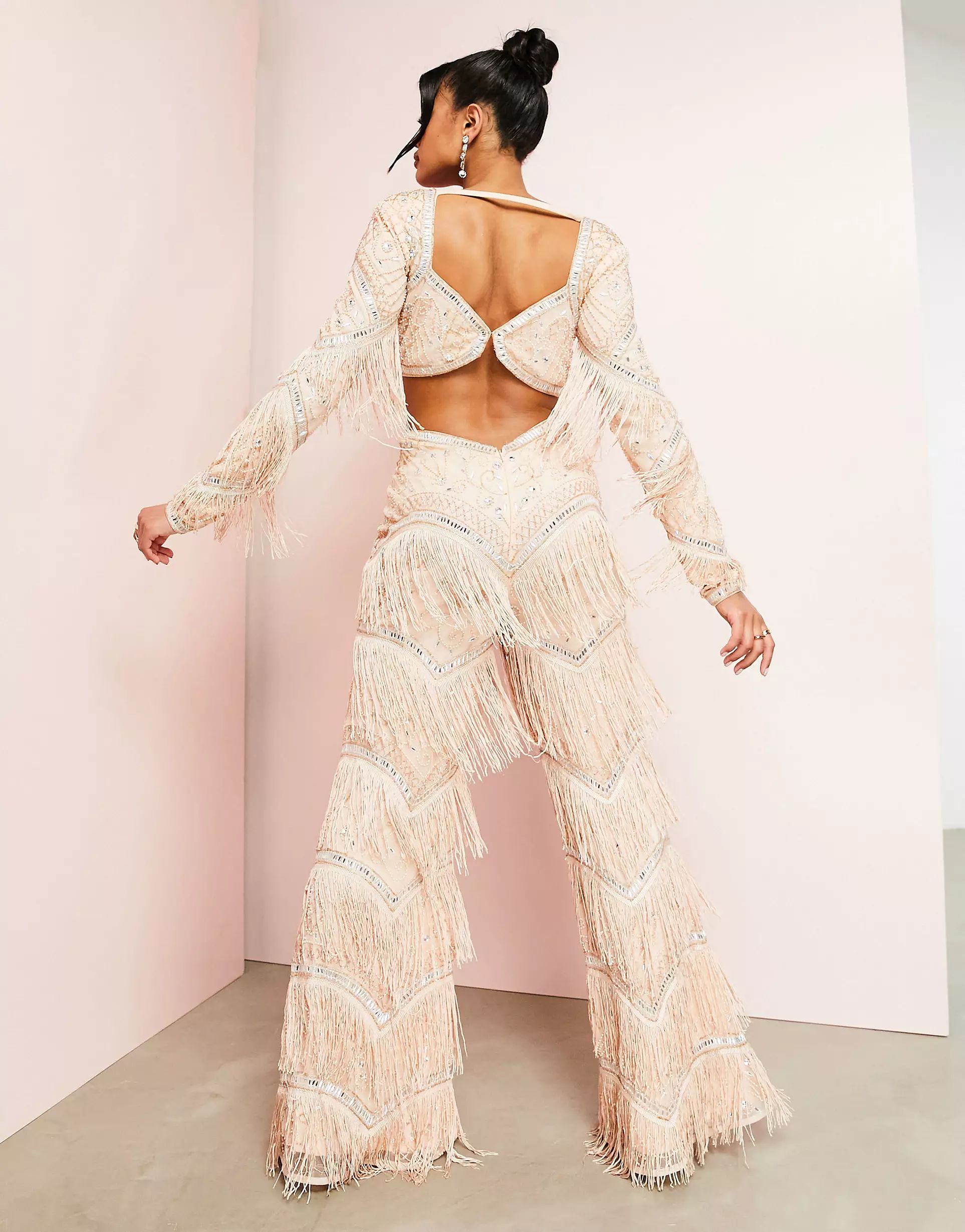 ASOS LUXE cut out embellished jumpsuit with fringe in blush | ASOS (Global)