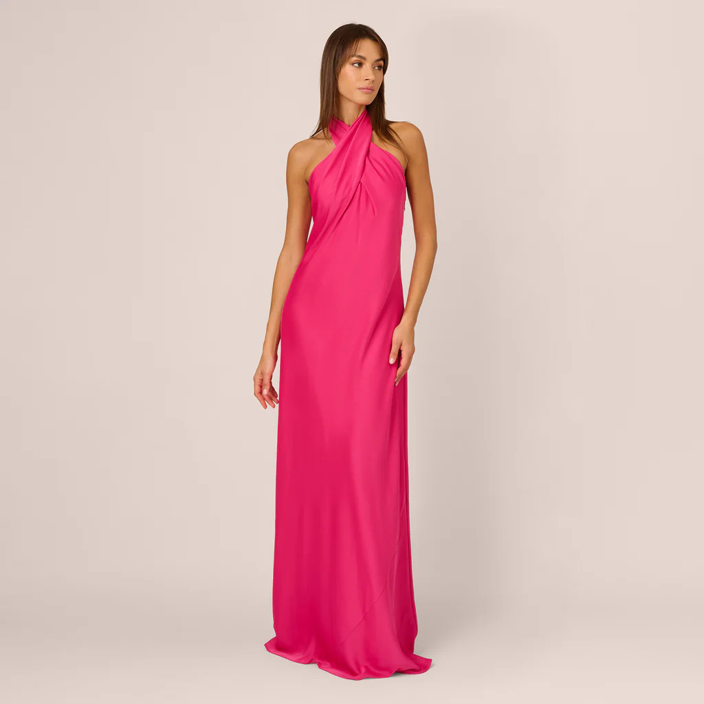Stretch Satin Mermaid Gown With Halter Neckline In Hot Pink | Adrianna Papell