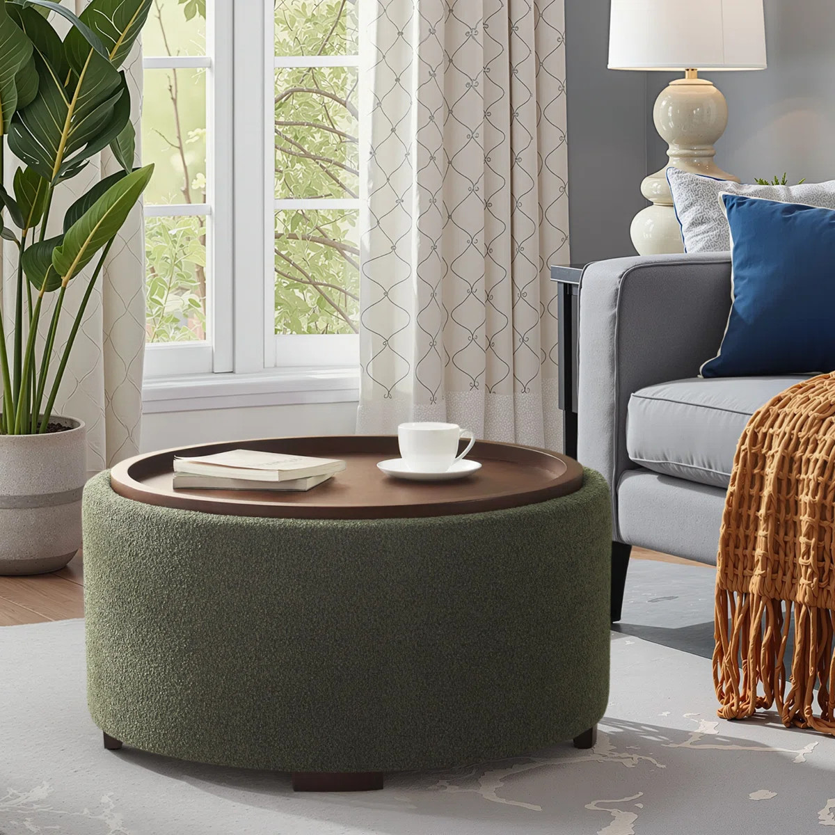Caysey 30.1" W Upholstered Round Storage Ottoman with Wooden Tray | Wayfair North America