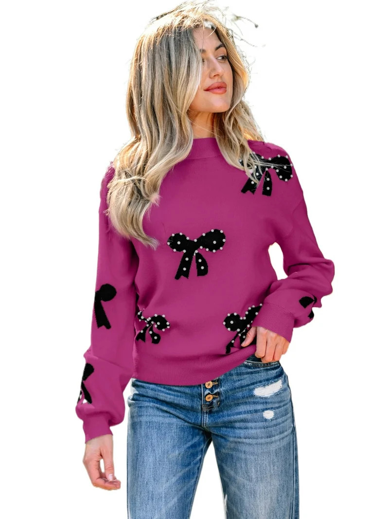 Women's Bright Pink Pearl Embellished Bow Pattern Sweater - Ideal for Daily Wear & Valentine's Da... | Walmart (US)
