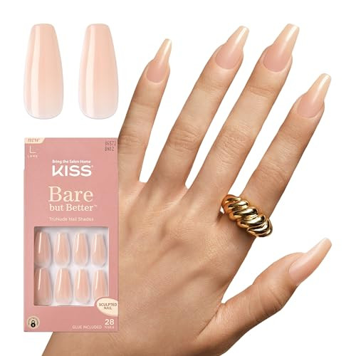 KISS Bare but Better Press On Nails, Nail glue included, 'Nude Drama', Nude, Long Size, Coffin Shape, Includes 28 fake nails, pink gel nail glue (net wt. 2g / .7 oz.), mini file, and manicure stick. | Amazon (US)