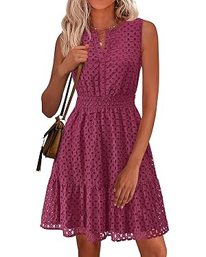 PRETTYGARDEN Women's Summer Dresses 2026 Sleeveless V Neck Eyelet Hollow Out Swing A Line Beach V... | Amazon (US)