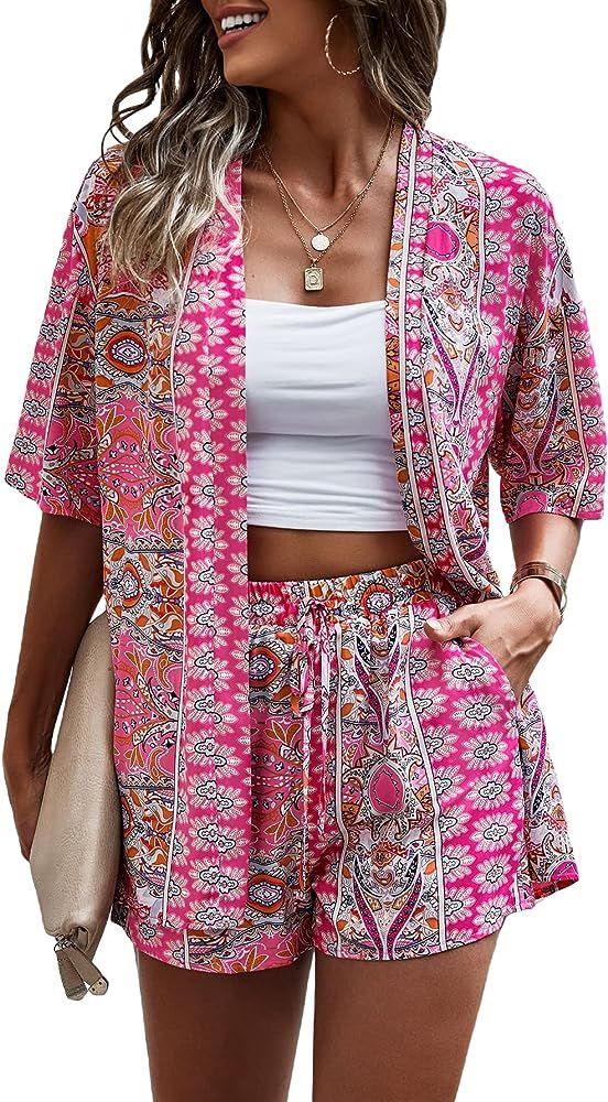 MakeMeChic Women's Boho 2 Piece Vacation Outfits Tropical Open Front Kimono Blouse and Shorts Set | Amazon (US)