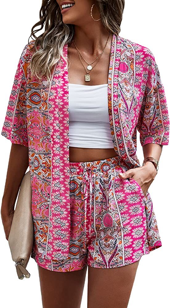 MakeMeChic Women's Boho 2 Piece Outfits Tropical Open Front Kimono Blouse and Shorts Set | Amazon (US)