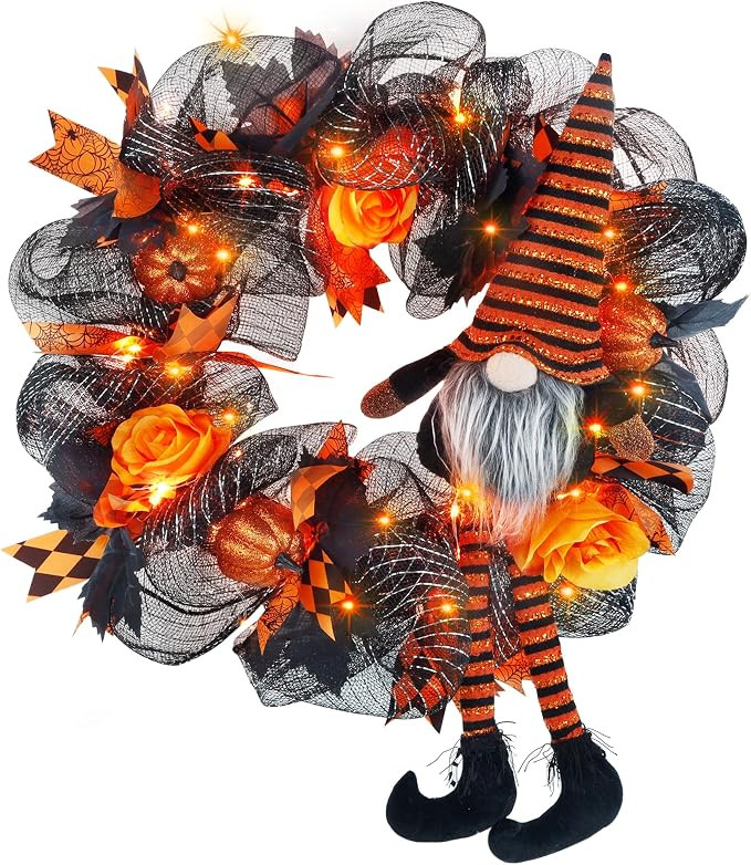 Ridota Halloween Wreath for Front Door, Halloween Gnome Outdoor Lighted Decorative Wreath, Front Doo | Amazon (US)