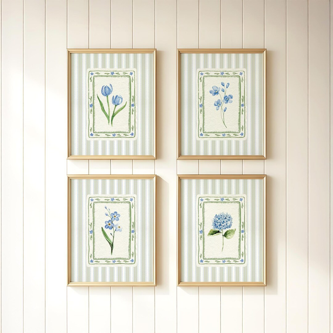 Blue and Green Botanical Set of 4 Stripe Prints | Modern Southern Floral Wall Art | Coastal Grand... | Etsy (US)