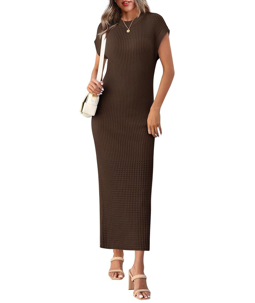 Yousify Womens Ribbed Knit Dress 2025 Trendy Casual Cap Sleeve Crewneck Maxi Dresses S-XXL | Amazon (US)