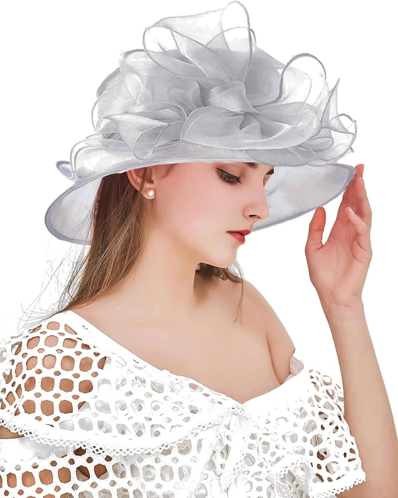 Women Derby Fascinator Hat Organza Church Wedding Hats Wide Brim Cocktail Tea Party Hat | Amazon (US)