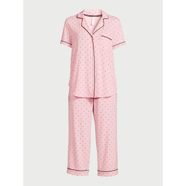 Joyspun Women's Knit Short Sleeve Notch Collar Top and Capri Pajama Set, 2-Piece, Sizes S to 3X | Walmart (US)