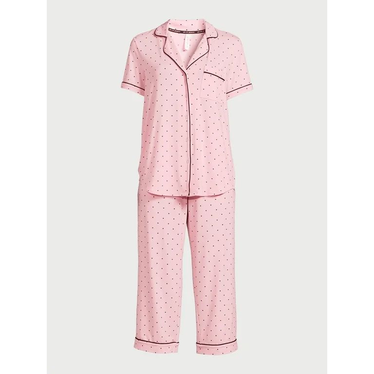 Joyspun Women's Knit Short Sleeve Notch Collar Top and Capri Pajama Set, 2-Piece, Sizes S to 3X | Walmart (US)