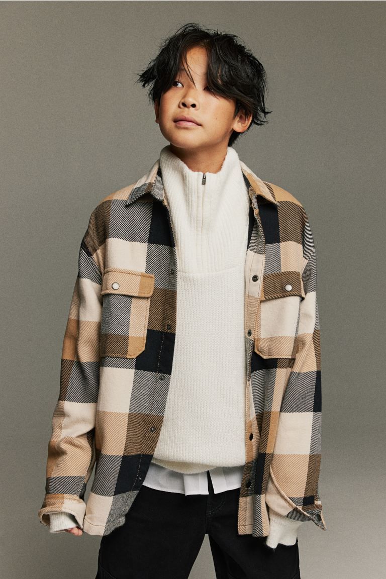 Oversized flannel shacket - Dark beige/plaid - Kids | H&M US | H&M (US + CA)
